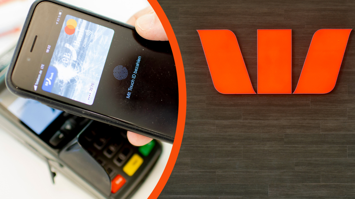A person pays for something with a digital card stored on their phone and the Westpac logo.