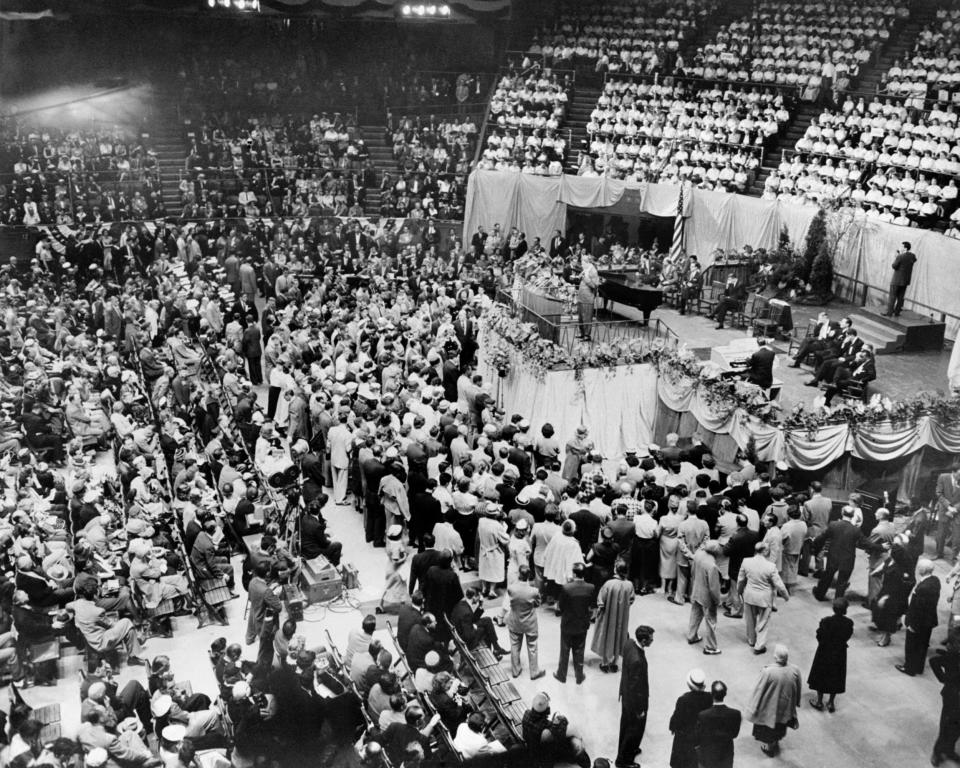 Graham preaches on May 20, 1957, at Madison Square Garden in New York.