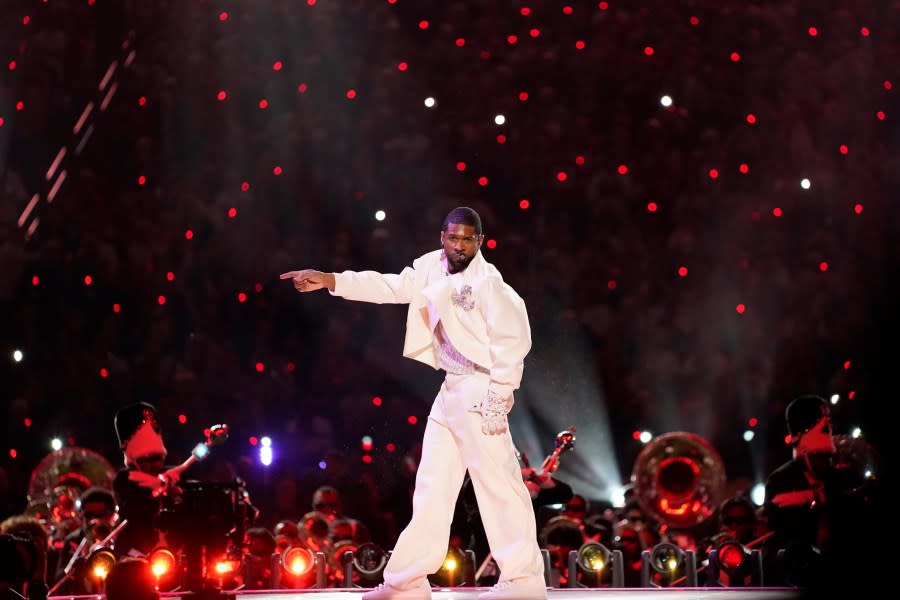 Usher performs during the NFL Super Bowl 58 football game Sunday, Feb. 11, 2024, in Las Vegas. (AP Photo/Steve Luciano)