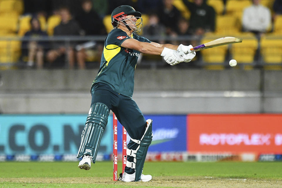 Australia's David Warner bats during the T20 cricket international between Australia and New Zealand in Wellington, New Zealand, Wednesday, Feb. 21, 2024. (Chris Symes/Photosport via AP)