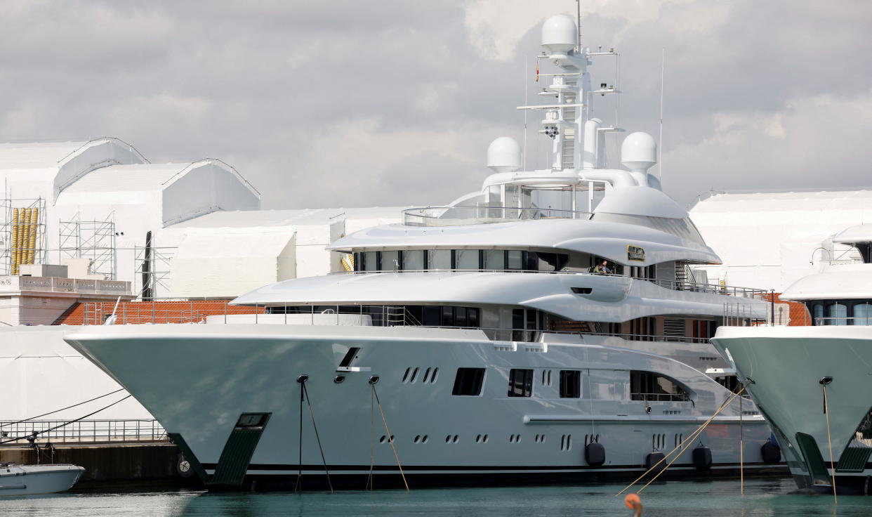 Superyacht Valerie, linked to chief of Russian state aerospace and defence conglomerate Rostec Sergei Chemezov, is seen at Barcelona Port in Barcelona city, Spain, March 9, 2022. REUTERS/Albert Gea