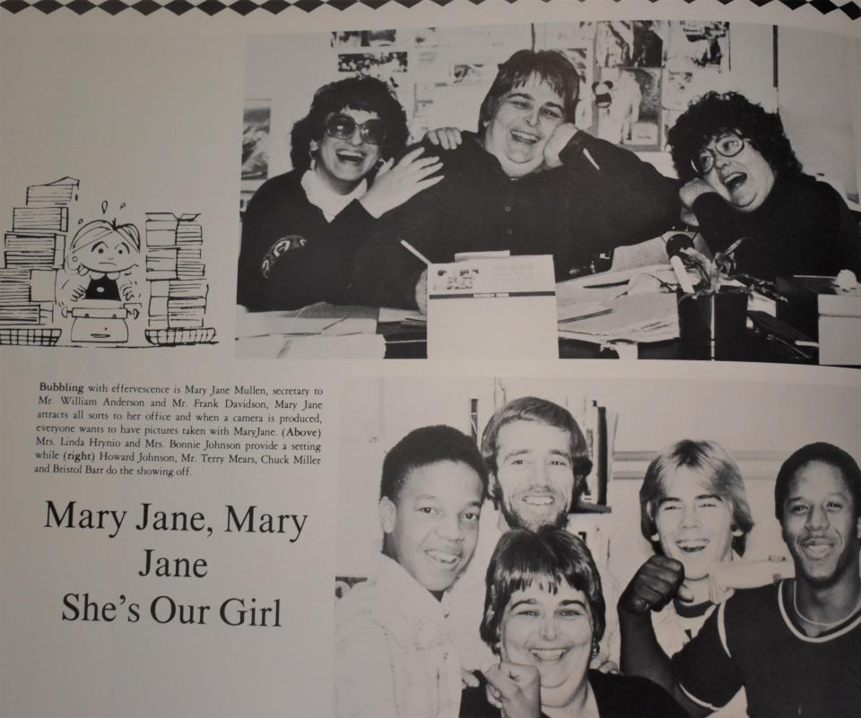 Photos in Lenape High's 1980 yearbook show Mary Jane Mullen surrounded by smiling students.