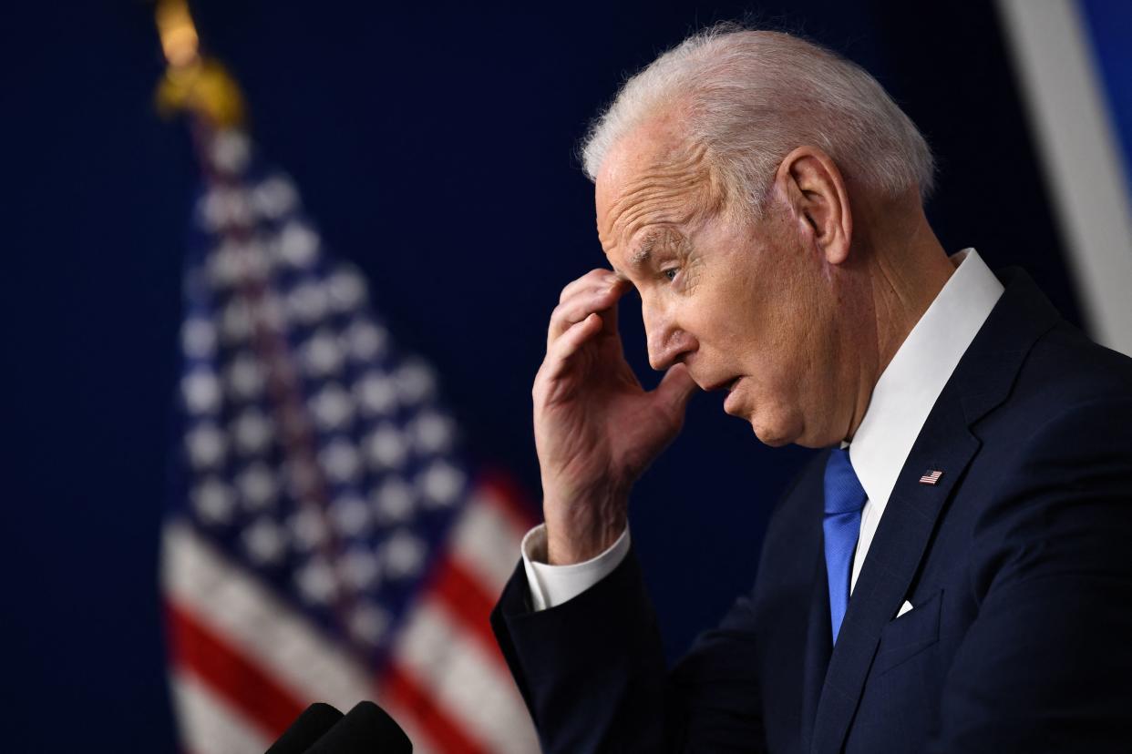 US President Joe Biden speaks about how the Bipartisan Infrastructure Law will rebuild the US and the progress made since he signed the bill into law, in the South Court Auditorium of the White House in Washington, DC, on January 14, 2022. (Photo by Brendan Smialowski / AFP) (Photo by BRENDAN SMIALOWSKI/AFP via Getty Images)