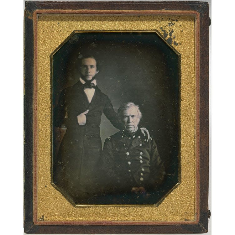 Zachary Taylor, who rose to national prominence for his leadership in the Mexican War, is seated in this daguerreotype portrait next to his army chief of staff, William Bliss.