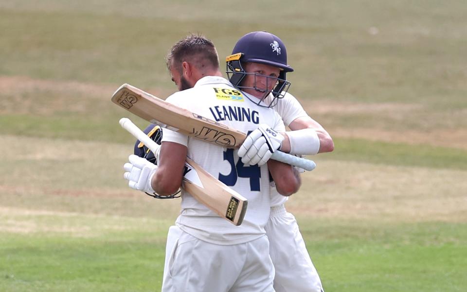 Jack Leaning of Kent celebrates his double century with Jordan Cox of Kent - Getty Images