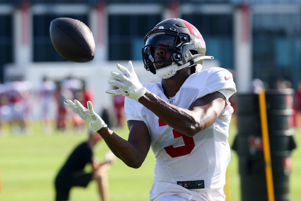 Aug 3, 2023; Tampa Bay, FL, USA;  Tampa Bay Buccaneers wide receiver Russell Gage (3) participates in training camp at AdventHealth Training Center. Mandatory Credit: Nathan Ray Seebeck-USA TODAY Sports