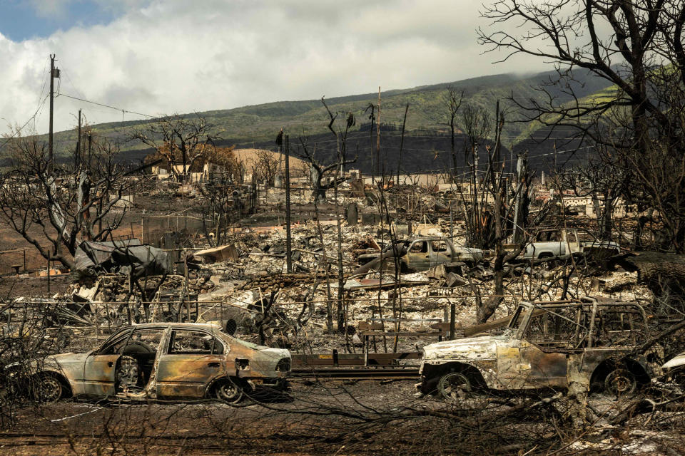 Burned out cars and destroyed buildings in Lahaina, Hawaii, on Aug. 14, 2023. (Yuki Iwamura / AFP - Getty Images)