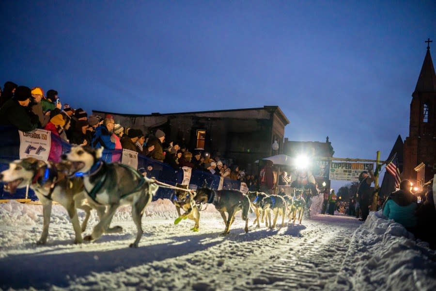 The start of the Copper Dog 150 sled dog race in downtown Calumet, Michigan.