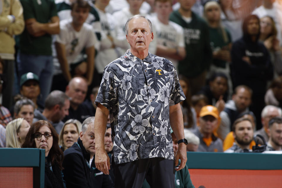 Tennessee coach Rick Barnes watches during the second half of an NCAA college basketball exhibition game against Michigan State, Sunday, Oct. 29, 2023, in East Lansing, Mich. (AP Photo/Al Goldis)