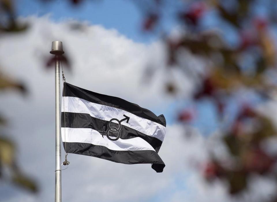 The straight-pride flag was raised for one day in the New Brunswick village of Chipman. Image via The Canadian Press.