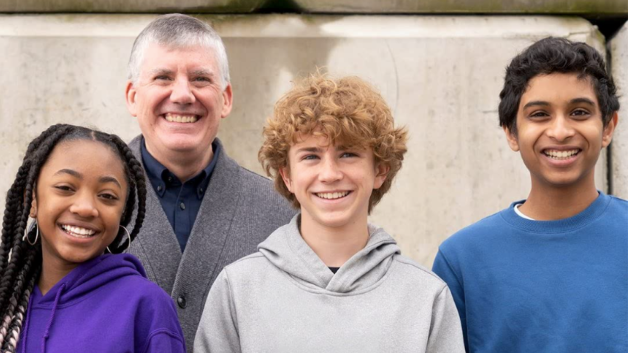 Rick Riordan (second from left) handpicked the young cast members playing Annabeth, Percy and Grover.