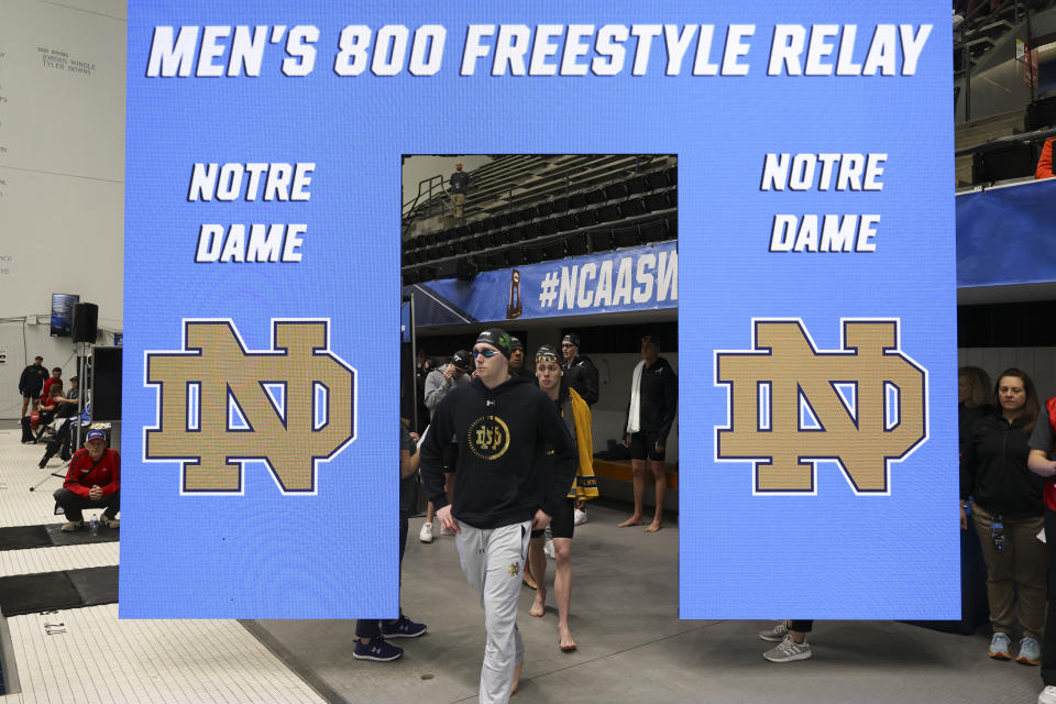 INDIANAPOLIS, INDIANA - MARCH 27: Notre Dame swimmers enter the arena during the Division I Men's Swimming and Diving Championships at IU Natatorium at IUPUI on March 27, 2024 in Indianapolis, Indiana. (Photo by Joe Robbins/NCAA Photos via Getty Images)