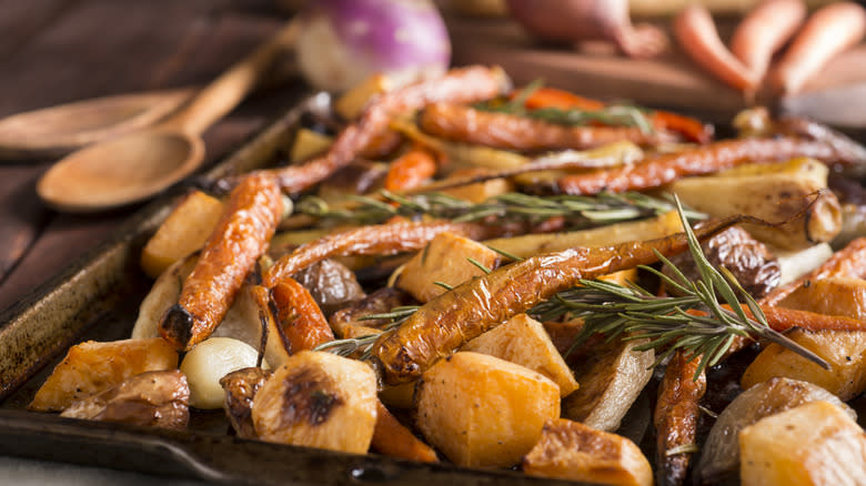 Roasted root vegetables on a tray