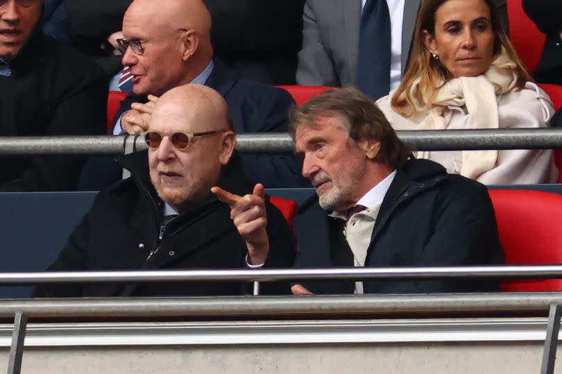 Avram Glazer, Majority Owner of Manchester United and Jim Ratcliffe, Minority Shareholder of Manchester United look on during the Emirates FA Cup Semi Final match between Coventry City and Manchester United at Wembley Stadium on April 21, 2024