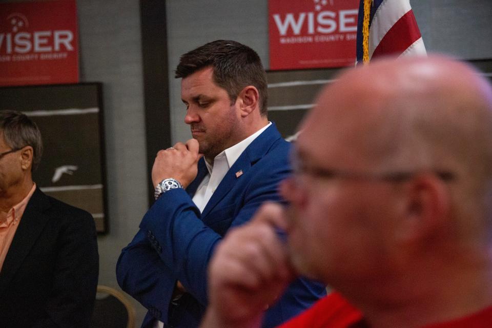 AJ Massey, the Republican candidate for Madison County mayor, reacts to hearing that multiple Republicans had lost their elections to county commission seats during a watch party at DoubleTree by Hilton Hotel Jackson on Thursday, August 4, 2022, in Jackson, TN. Up for election this year are candidates in the Madison County general election as well as statewide primary elections. 