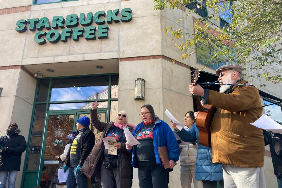 Starbucks employees and others rally in Montclair, New Jersey, on Thursday, Nov. 17, 2022.