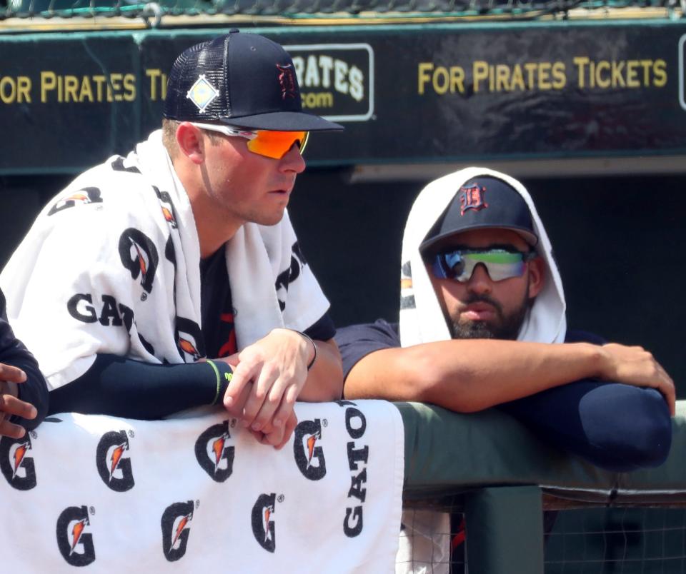 Tigers infielder Spencer Torkelson and outfielder Riley Greene watch against the Pittsburgh Pirates at LECOM Park on Saturday, March 19, 2022 in Bradenton, Florida.