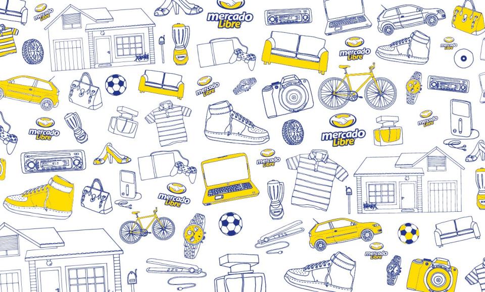 An animated mural depicting  a number of household, clothing, and electronic items along with the MercadoLibre logo.