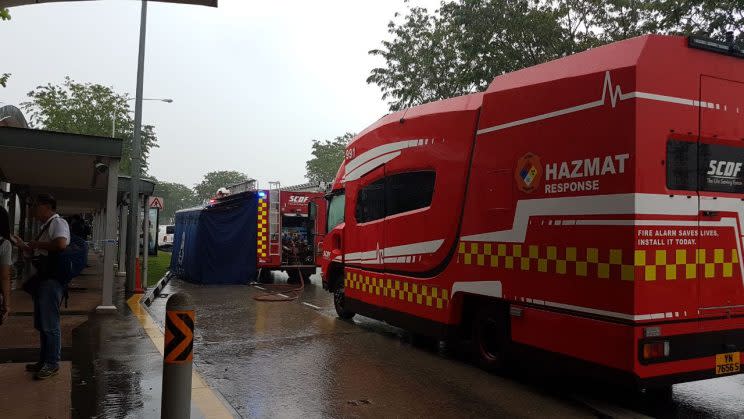 Singapore Civil Defence Force’s HAZMAT vehicles near the Woodleigh MRT station (Photo: Wan Ting Koh/Yahoo Singapore)