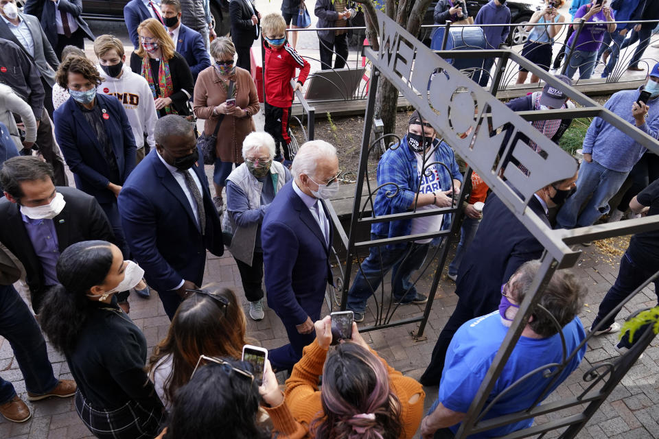 Democratic presidential candidate former Vice President Joe Biden arrives at the Amazing Grace Bakery & Cafe in Duluth, Minn., Friday, Sept. 18, 2020. (AP Photo/Carolyn Kaster)