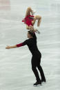 USA's Alexa Knierim and Brandon Frazier perform during the pairs' short program of the ISU World Team Trophy figure skating competition in Osaka, western Japan, Friday, April 16, 2021. (AP Photo/Hiro Komae)