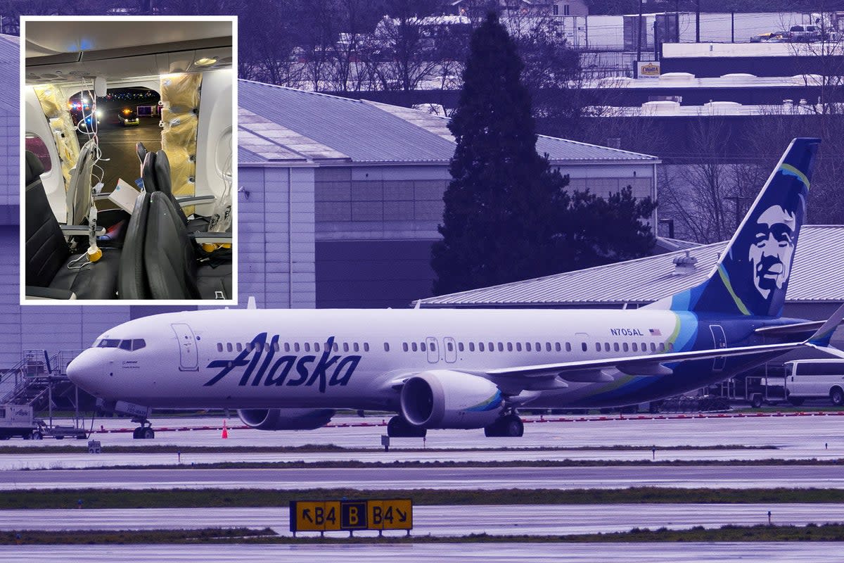 PORTLAND, OREGON - JANUARY 9: Alaska Airlines Boeing 737 MAX 9 aircraft N705AL is seen grounded at Portland International Airport on January 9, 2024 in Portland, Oregon. NTSB investigators are continuing their inspection on the Alaska Airlines N704AL Boeing 737 MAX 9 aircraft following a midair fuselage blowout on Friday, January 5. None of the 171 passengers and six crew members were seriously injured. (Photo by Mathieu Lewis-Rolland/Getty Images) (Getty Images)