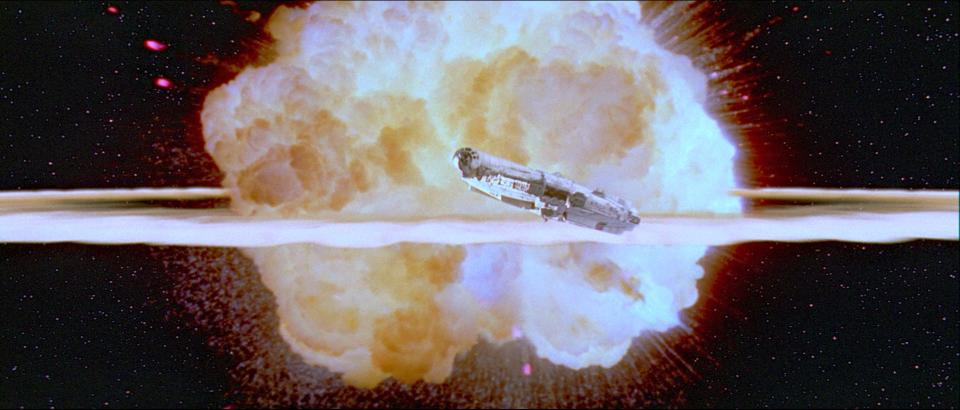 The Millennium Falcon escapes an exploding Death Star in "Return of the Jedi."