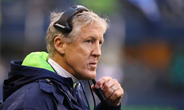 Seahawks head coach Pete Carroll watches the game action against the Saints.