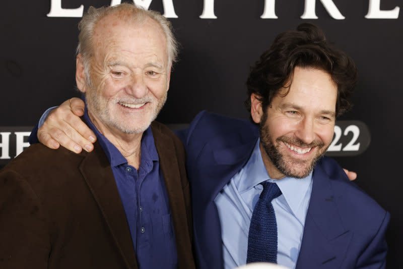 Bill Murray (L) and Paul Rudd arrive at the premiere of "Ghostbusters: Frozen Empire" in New York City. Photo by John Angelillo/UPI