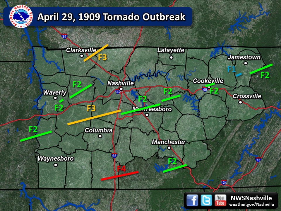 The National Weather Service plotted out tornadoes that hit Middle Tennessee in April 1909.