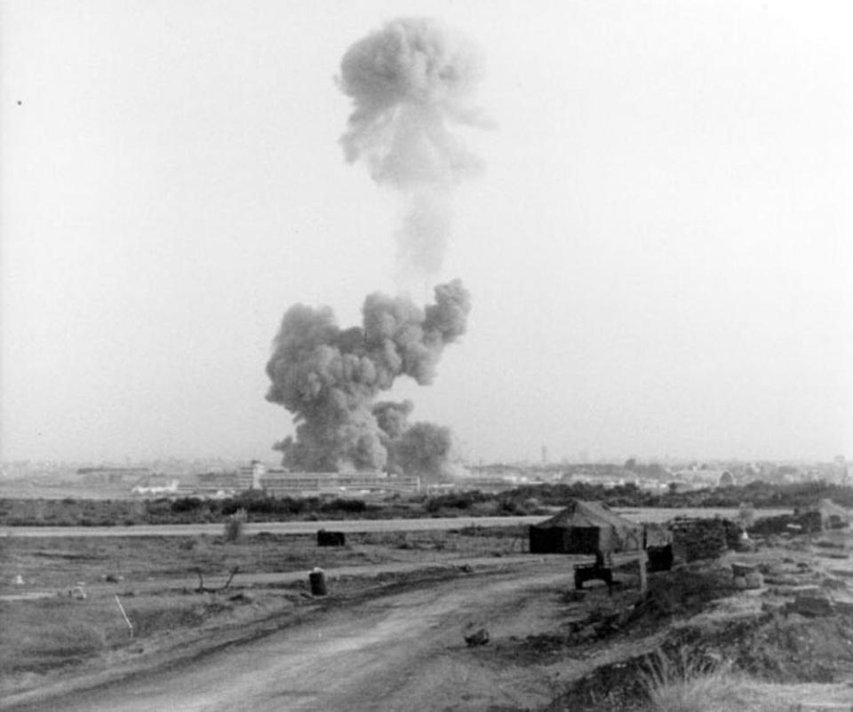 The explosion of the Marine Corps building in Beirut, Lebanon, created a large cloud of smoke that was visible from miles away.