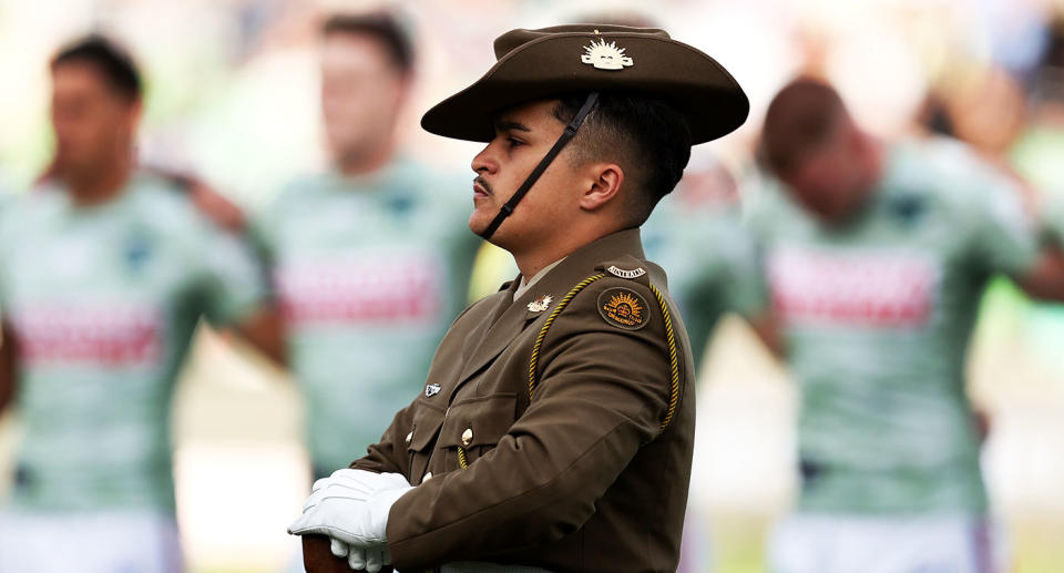 Seen here, Anzac Day commemorations being observed in the NRL on Sunday. 