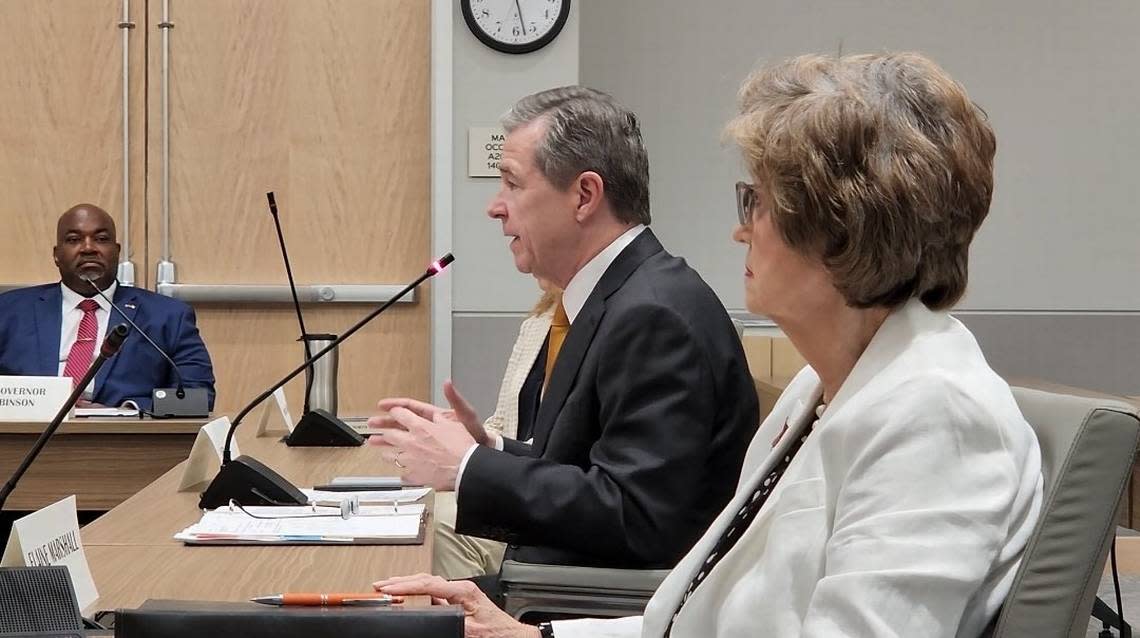 The Council of State, pictured here during a June 2023 meeting, consists of 10 statewide elected officials including, from left, Lt. Gov. Mark Robinson, Gov. Roy Cooper and Secretary of State Elaine Marshall. Robinson, a Republican, is running for governor in 2024.