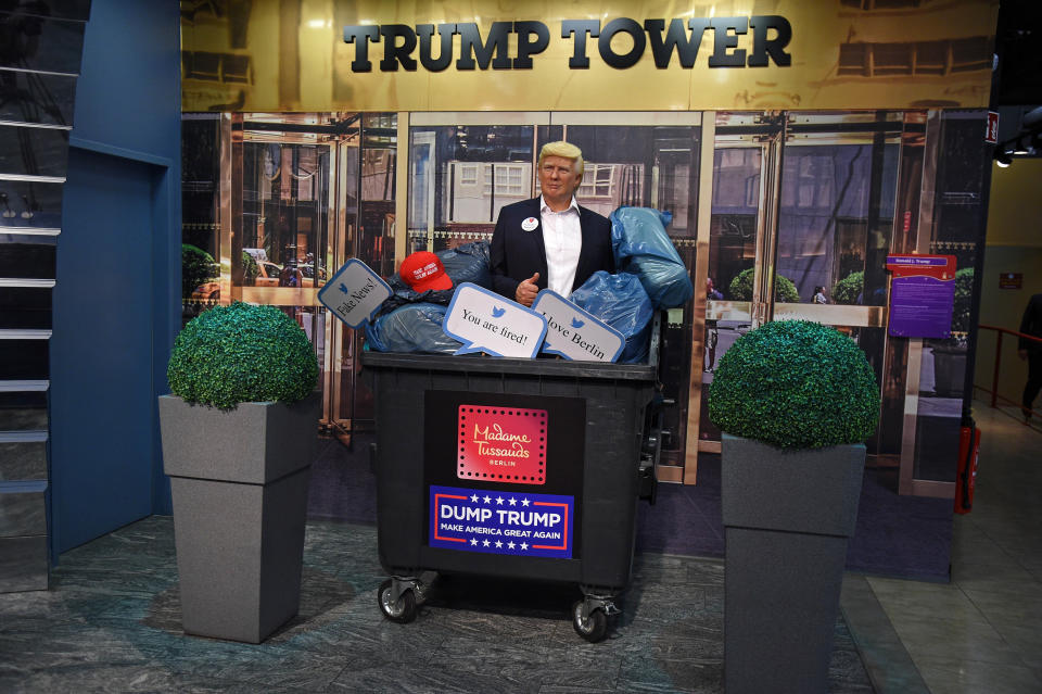 BERLIN, GERMANY - OCTOBER 30: Shortly before the US presidential elections, Madame Tussauds Berlin throws the wax figure of Donald Trump into the trash bin and dispose of it on October 30, 2020 in Berlin, Germany. They expect that he is going to lose, so say they don't need it any longer. (Photo by Tristar Media/Getty Images)