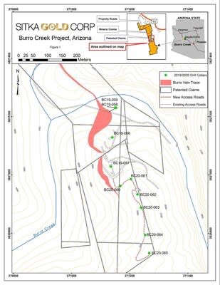 Figure 13: Drill collar locations from the 2019-2020 diamond drilling program and vein trace from surface outcrop. (CNW Group/Sitka Gold Corp.)