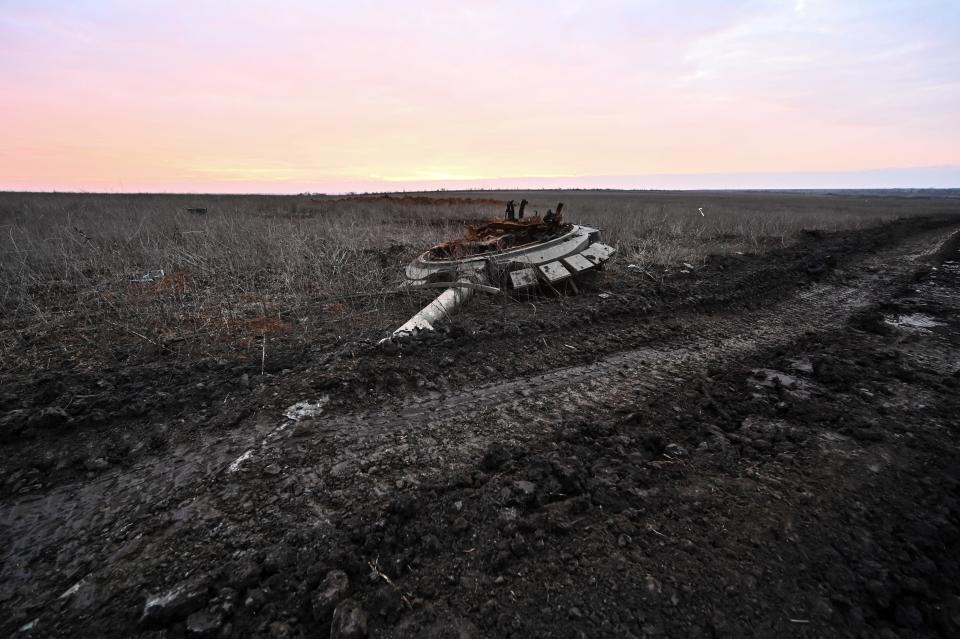 A turret of a destroyed Russian tank is seen near the front-line village of Robotyne in Ukraine's Zaporizhzhia region on Feb. 21, 2024.