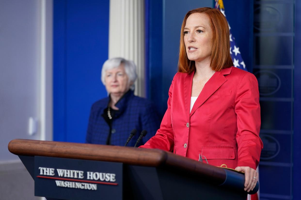 <p>White House press secretary Jen Psaki speaks alongside Treasury Secretary Janet Yellen during a press briefing at the White House, Friday, May 7, 2021, in Washington</p> (AP Photo/Patrick Semansky)