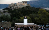 FILE PHOTO: Greek Prime Minister Alexis Tsipras delivers a speech atop the Pnyx Hill as the Acropolis hill with the ancient Parthenon temple is seen in the background in Athens, Greece, September 7, 2017. REUTERS/Alkis Konstantinidis/File Photo