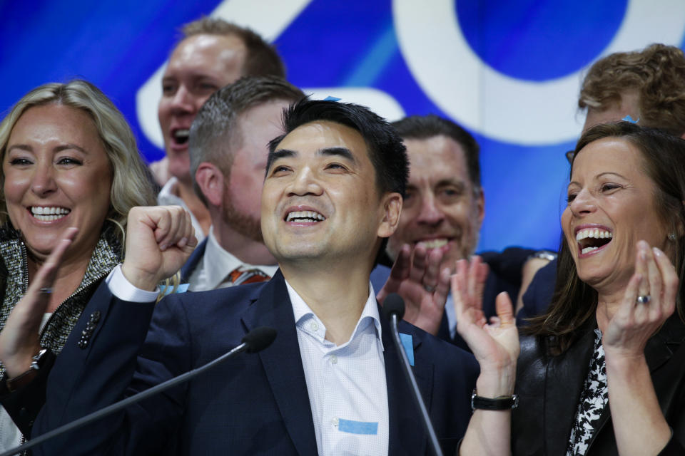 NEW YORK, NY - APRIL 18: Zoom founder Eric Yuan reacts at the Nasdaq opening bell ceremony on April 18, 2019 in New York City. The video-conferencing software company announced it's IPO priced at $36 per share, at an estimated value of $9.2 billion. (Photo by Kena Betancur/Getty Images)