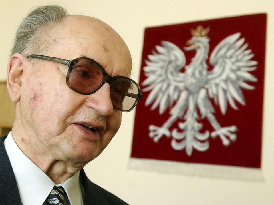 FILE - in this file photo dated Monday, May 23, 2005, General Wojciech Jaruzelski, Poland's last communist-era leader during an interview with The Associated Press at his office in Warsaw, Poland. Poland’s government announced Tuesday Dec. 13, 2016, is taking steps to strip late communist-era leaders Gen. Wojciech Jaruzelski and his deputy, Gen. Czeslaw Kiszczak, of their top military ranks, as part of a mission by the country’s ruling conservatives to seek historical justice against the communists who held oppressive power for decades until they were toppled in 1989. (AP Photo/Czarek Sokolowski, FILE)