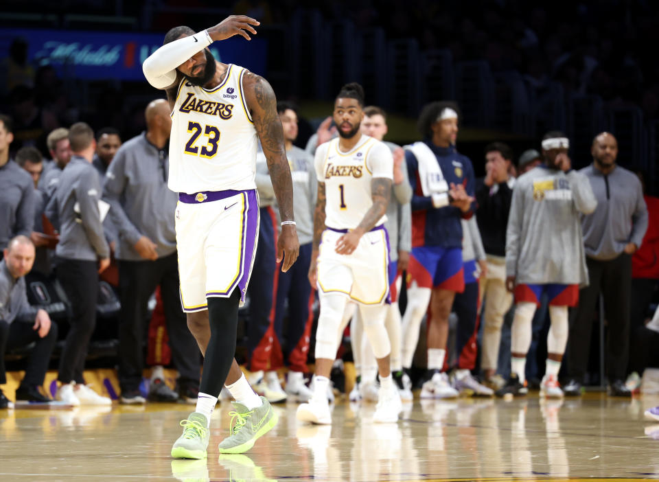 Los Angeles, California, March 2, 2024 – Lakers LeBron James walks off the court in the final seconds against Nuggets at Crypto.com Arena.  (Wally Skalij/Los Angeles Times via Getty Images)