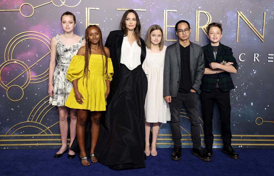 Angelina Jolie with children Shiloh Jolie-Pitt, Zahara Jolie-Pitt, Vivienne Jolie-Pitt, Maddox Jolie-Pitt and Knox Jolie-Pitt at the "The Eternals" U.K. premiere in October 2021.