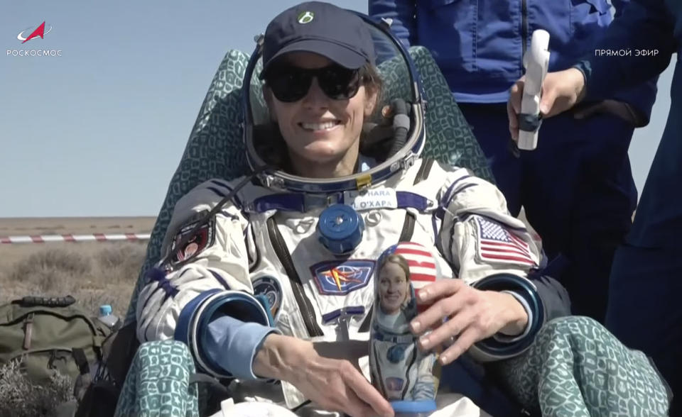 In this grab taken from video released by the Roscosmos Space Corporation, NASA astronaut Loral O'Hara sits in a chair shortly after the landing of the Russian Soyuz MS-24 space capsule near Kazakh town of Zhezkazgan, Kazakhstan, Saturday, April 6, 2024. The Soyuz capsule carrying NASA astronaut Loral O'Hara, Oleg Novitsky of Roscosmos and Marina Vasilevskaya of Belarus touched down on Saturday. (Roscosmos Space Corporation via AP)