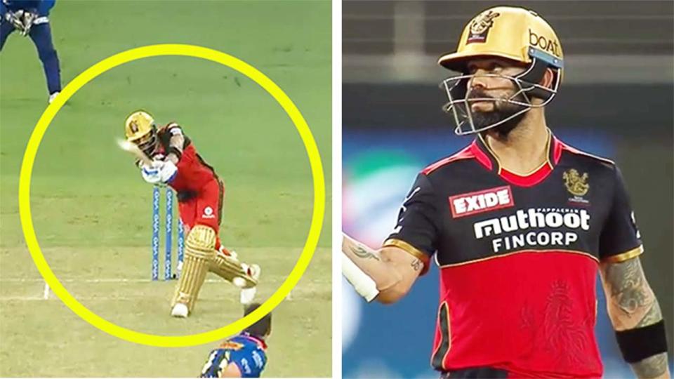 Virat Kohli (pictured right) celebrating his half century and (pictured left) hitting a shot.