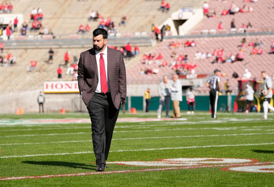 Ohio State coach Ryan Day walks across the field before the Rose Bowl.