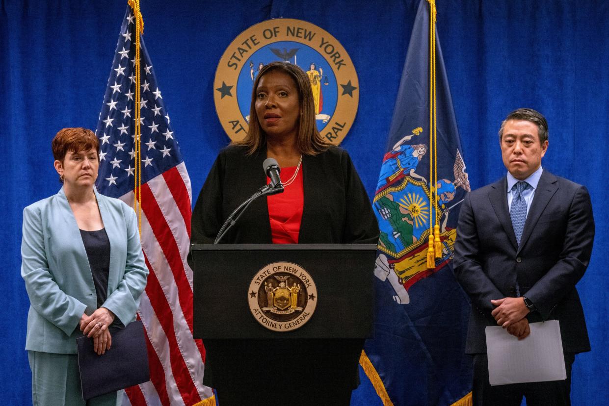 New York Attorney General Letitia James (center) and independent investigators Anne L. Clark (left) and Joon H. Kim (right) present the findings of an independent investigation into accusations by multiple women that New York Gov. Andrew Cuomo sexually harassed them.