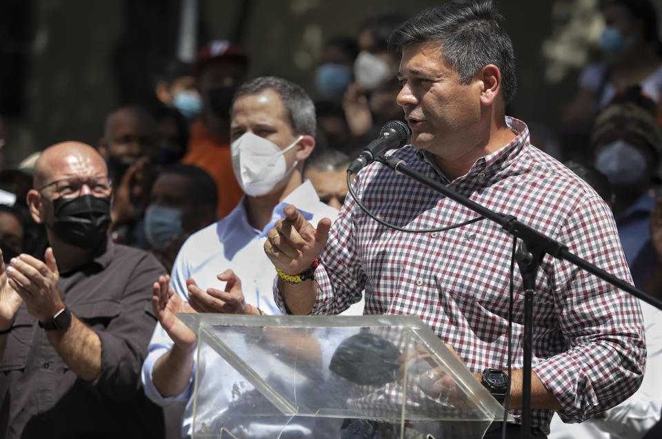 Opposition candidate for the governorship of the state of Barinas Adolfo Superlano, speaks to the press in Caracas, Venezuela, Tuesday, Nov 30, 2021. Venezuela's Supreme Court of Justice ordered a repeat election for the governorship of Barinas, the home state of the late President Hugo Chávez, excluding Superlano, who was emerging as the winner of the Nov. 21, regional election. (AP Photo/Ariana Cubillos)