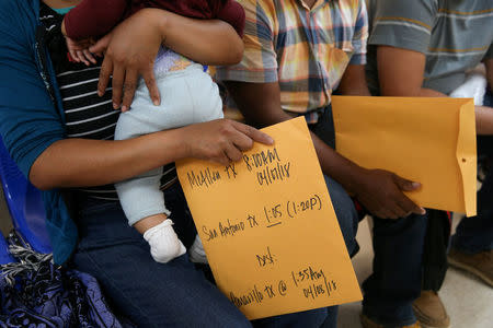 FILE PHOTO: After being detained and released by law enforcement, undocumented immigrants wait for assistance with bus transportation to travel elsewhere in the U.S. at the Catholic Charities relief center in McAllen, Texas, U.S., April 6, 2018. REUTERS/Loren Elliott/File Photo