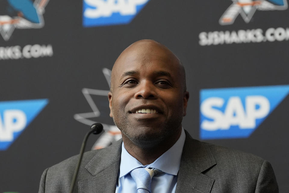 FILE - San Jose Sharks general manager Mike Grier speaks at a news conference introducing Ryan Warsofsky as the NHL hockey head coach of the San Jose Sharks in San Jose, Calif., Monday, June 17, 2024. The San Jose Sharks hold the first pick and have already indicated an intention to select Celebrini, who is from North Vancouver, but spent time growing up in the Bay Area.(AP Photo/Jeff Chiu, File)