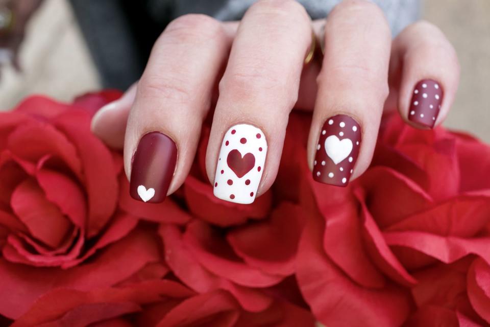 valentines day nail ideas maroon white polka dots hearts